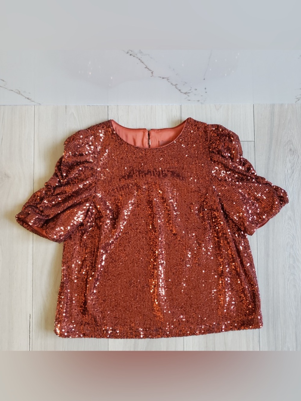 Anthropologie Marie Sequin Red Copper Puff Sleeve Blouse